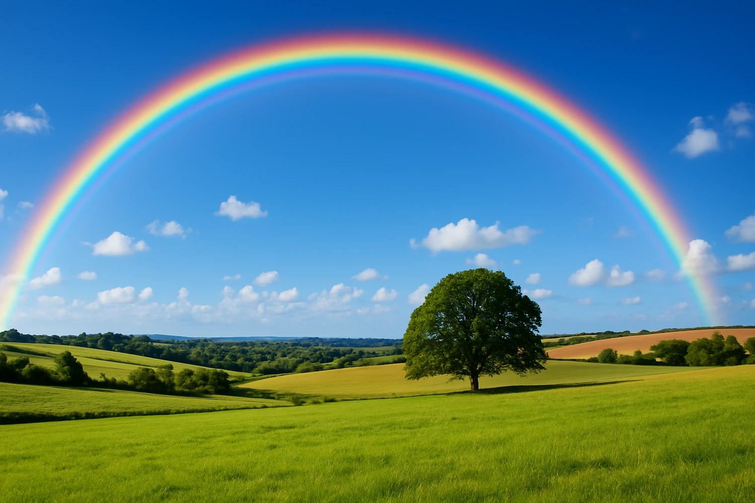 Campagne verdoyante sous un arc-en-ciel