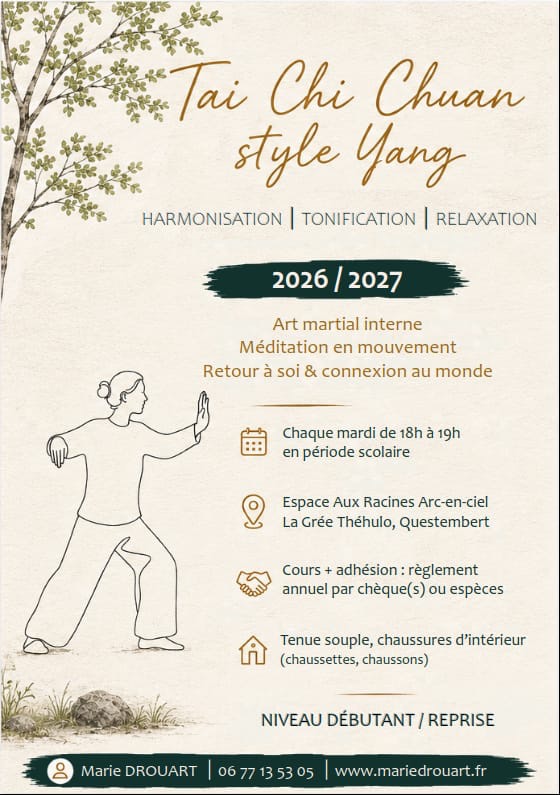 Flyer du cours de Tai Chi Chuan style Yang 2026-2027 animé par Marie Drouart